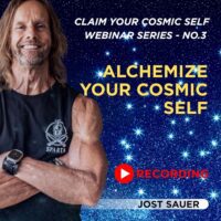 Jost Sauer in front of cosmic background with title of webinar
