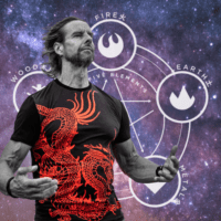 Jost Sauer with Five Elements diagram on cosmic background representing multidimensional consciousness