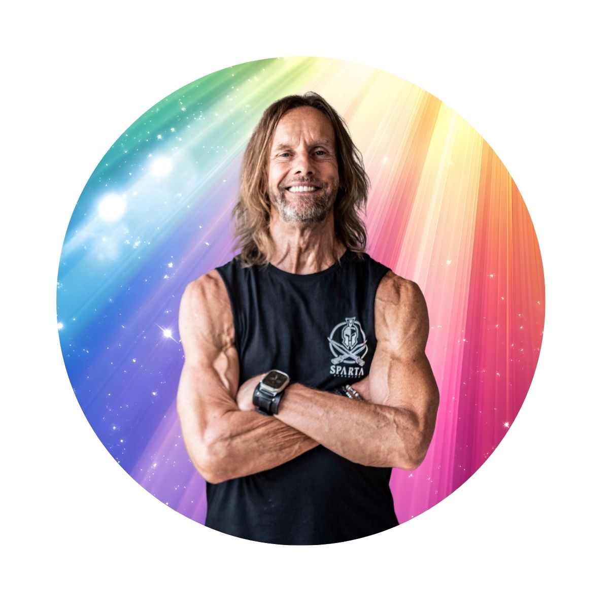Jost Sauer with cosmic rainbow background representing multidimensional consciousness and reality tunnel escape